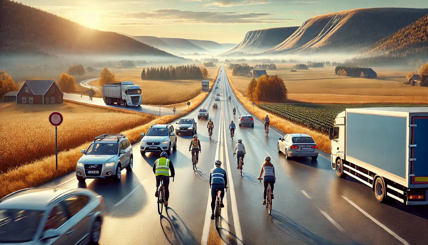 A tranquil scene of cyclists riding their bicycles on a non-urban road through the countryside, coexisting peacefully with vehicles, including cars and trucks. The environment reflects harmony and respect between all road users, surrounded by open fields, rolling hills, and clear skies. The cyclists wear reflective winter cycling clothing for safety, and vehicles maintain a safe distance, emphasizing mutual respect. The image conveys a peaceful and positive road-sharing atmosphere in a rural setting.