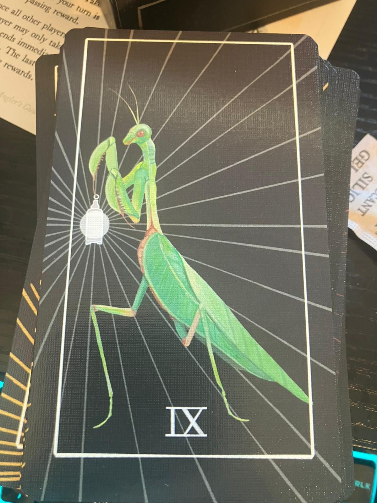 A black tarot-style card numbered IX, showing a green praying mantis holding a small lantern against radiating grey lines.