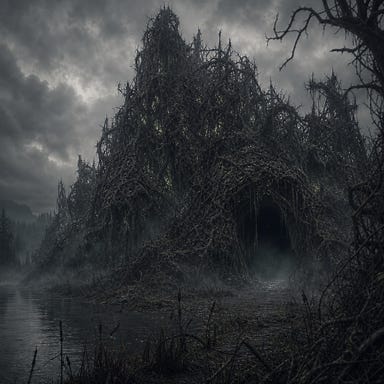 The Hollow of Berez, a vast tangle of vines, thorns, and branches rising from the mist, pulsing faintly with life, fog curling around a gaping entrance by the Luna River
