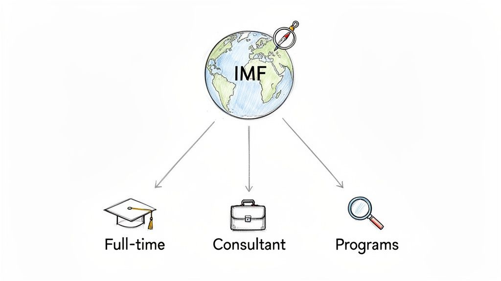 A diagram illustrating career paths and programs at the IMF, including full-time, consultant, and various programs.