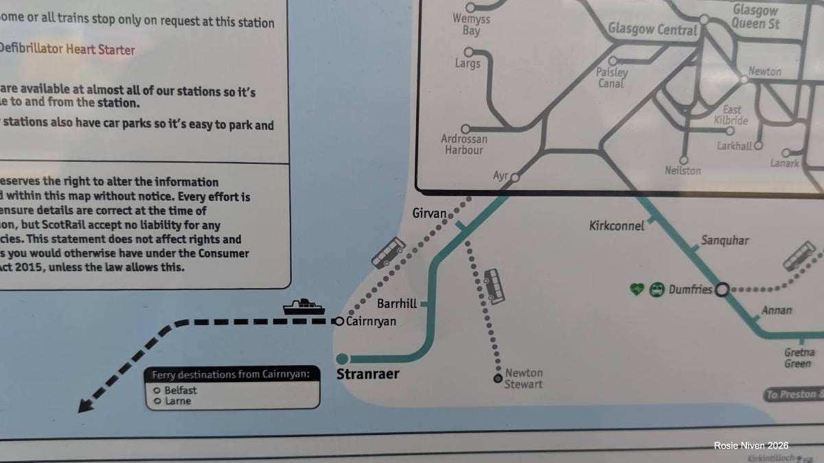 A map of south west Scotland showing rail, bus and ferry routes A map of south west Scotland showing rail, bus and ferry routes