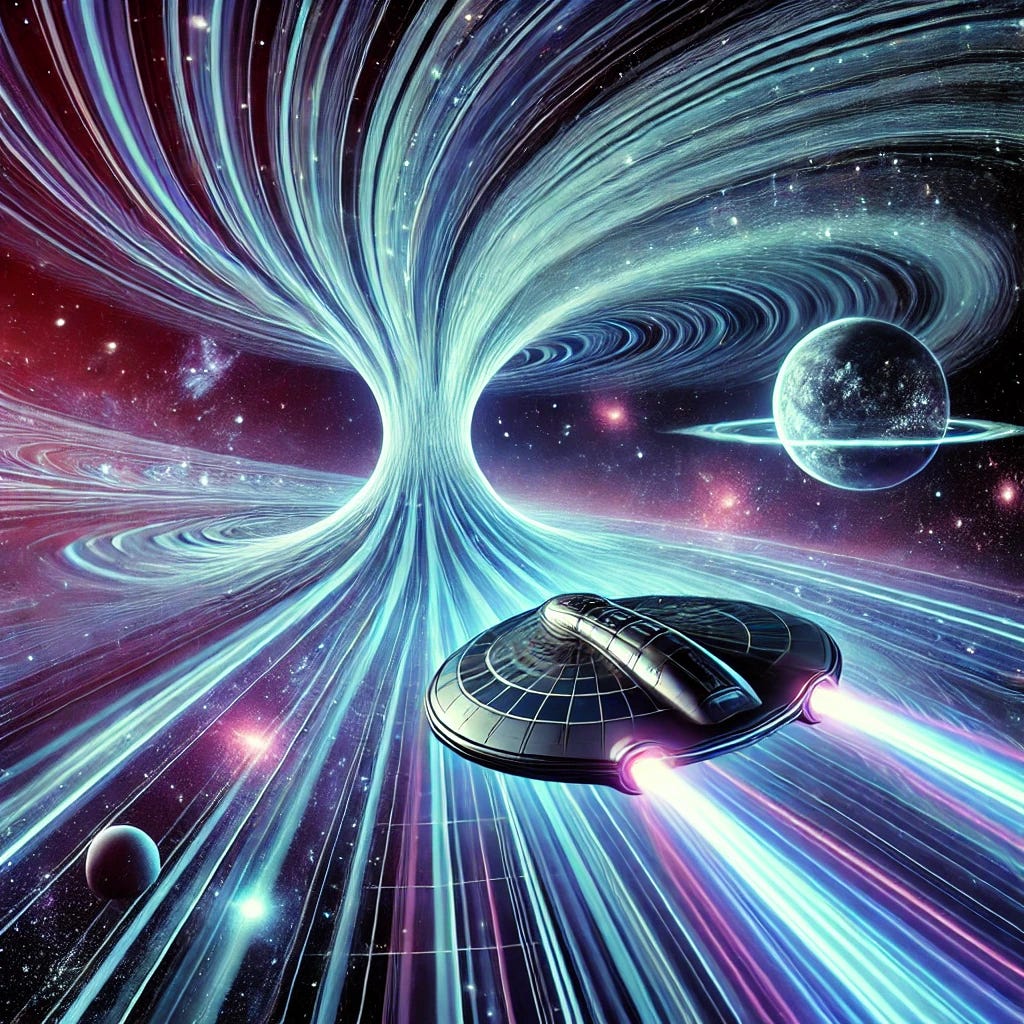 A visionary, futuristic image depicting a spacecraft using a magnetic warp drive, traveling through a curved, distorted space-time bubble. The spacecraft is surrounded by swirling magnetic field lines that bend space in front and expand it behind, creating a warp effect. Cosmic elements like stars and galaxies appear in the background, emphasizing the vast distance and speed. Use colors like deep blues, purples, and neon greens to give it a cosmic and advanced look. The style should feel scientific and futuristic, capturing the possibilities of interstellar travel with magnetic technology. A visionary, futuristic image depicting a spacecraft using a magnetic warp drive, traveling through a curved, distorted space-time bubble. The spacecraft is surrounded by swirling magnetic field lines that bend space in front and expand it behind, creating a warp effect. Cosmic elements like stars and galaxies appear in the background, emphasizing the vast distance and speed. Use colors like deep blues, purples, and neon greens to give it a cosmic and advanced look. The style should feel scientific and futuristic, capturing the possibilities of interstellar travel with magnetic technology.