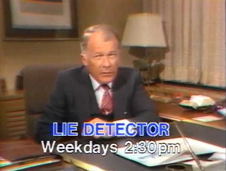 Lawyer F. Lee Bailey behind a desk promoting "Lie Detector."