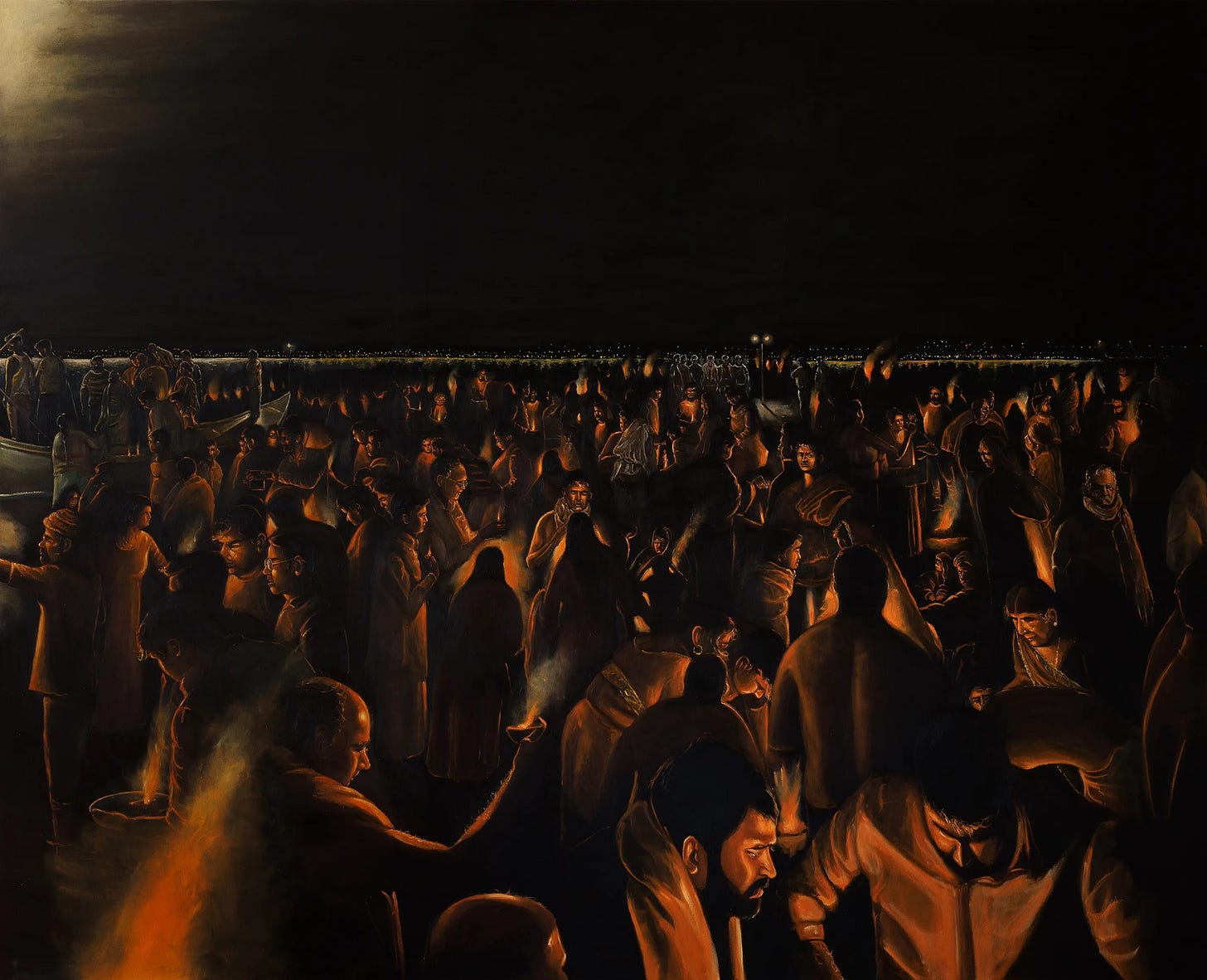 Raghav Babbar, Pilgrims (Maha kumbh), 2026. A dark, near-black oil painting of a crowd at night, figures massed in silhouette along a low horizontal band with an orange glow behind them.