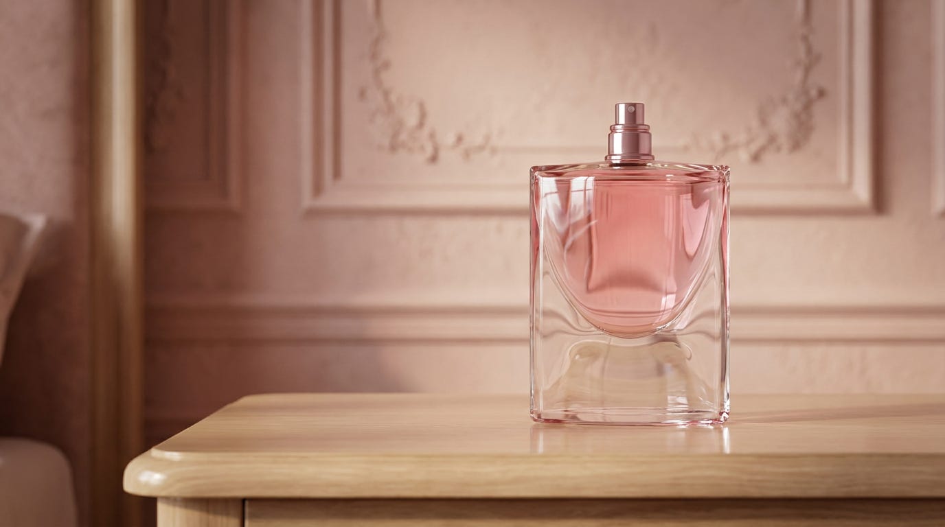 Image of a women's perfume transparent bottle on a table in a very fancy pink room.