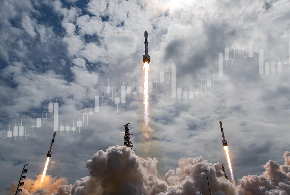 an image of rockets launching with a stock market chart in the background