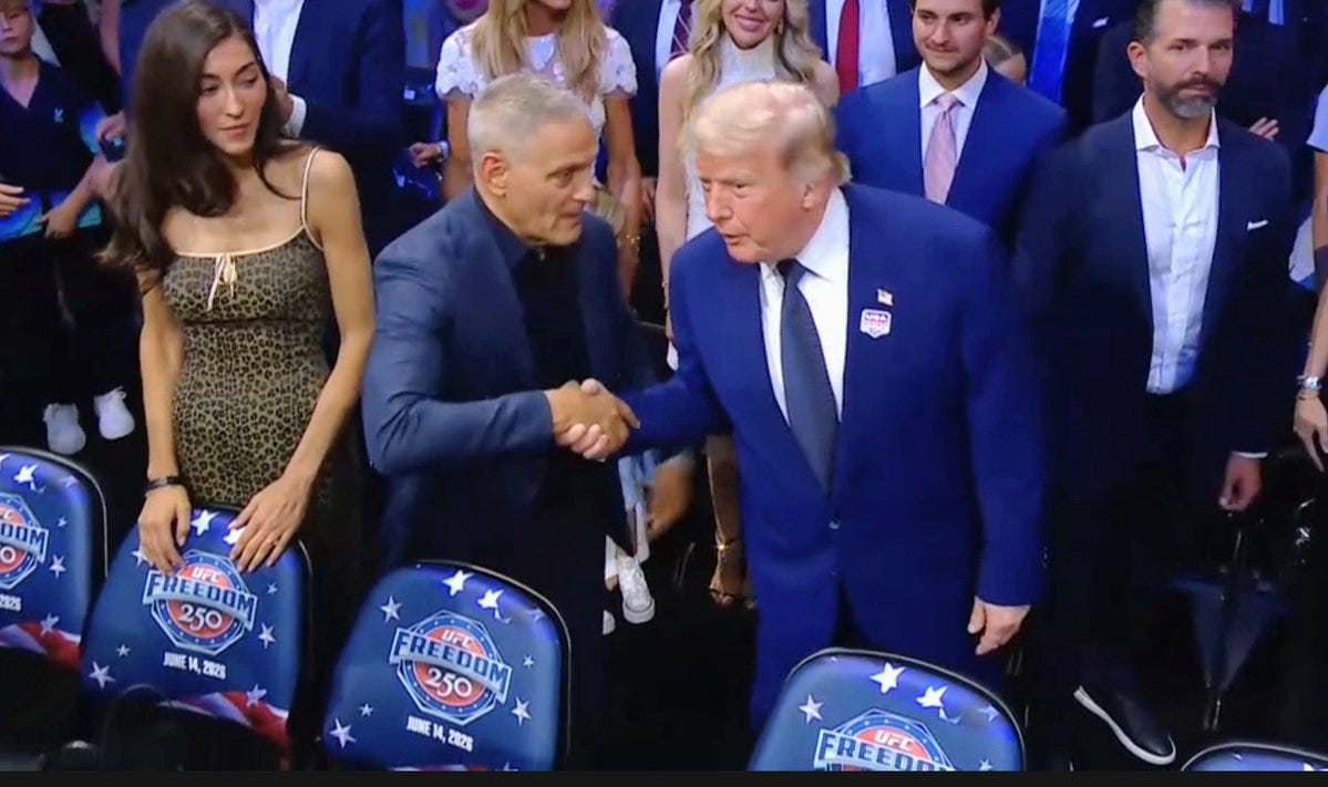 TKO Chair Ari Emanuel and Donald Trump shake hands at the UFC White House event TKO Chair Ari Emanuel and Donald Trump shake hands at the UFC White House event