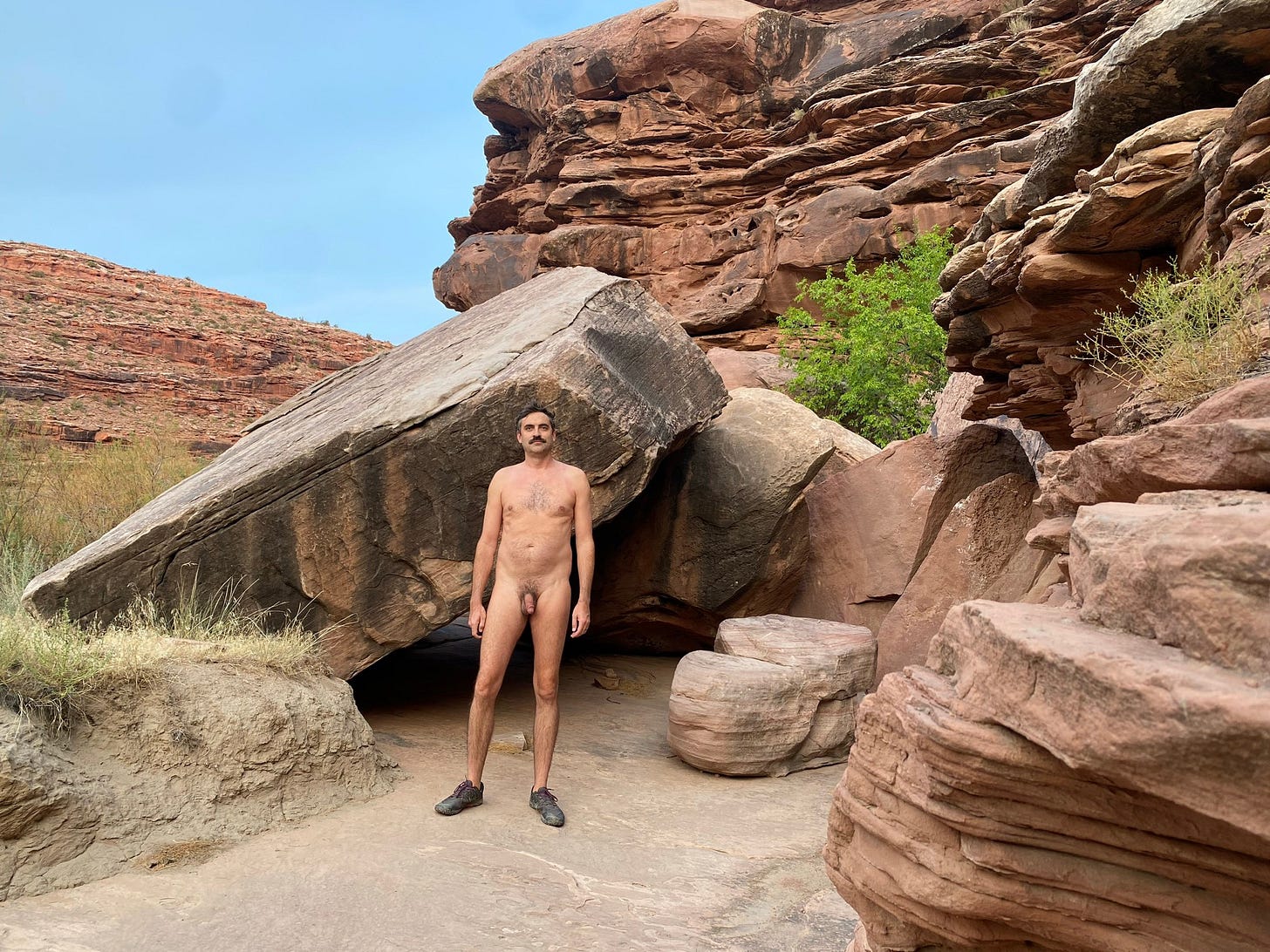 Same man nude in the same pose and setting, wearing only hiking shoes.