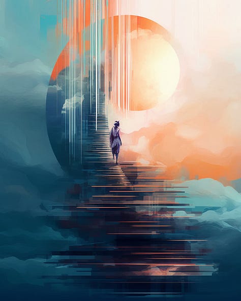 Art in the style of zen - inspired, digital manipulation, vertical glitch art, contrasting balance, solarizing master, cyberpunk, dark white and dark cyan, subtle gradients