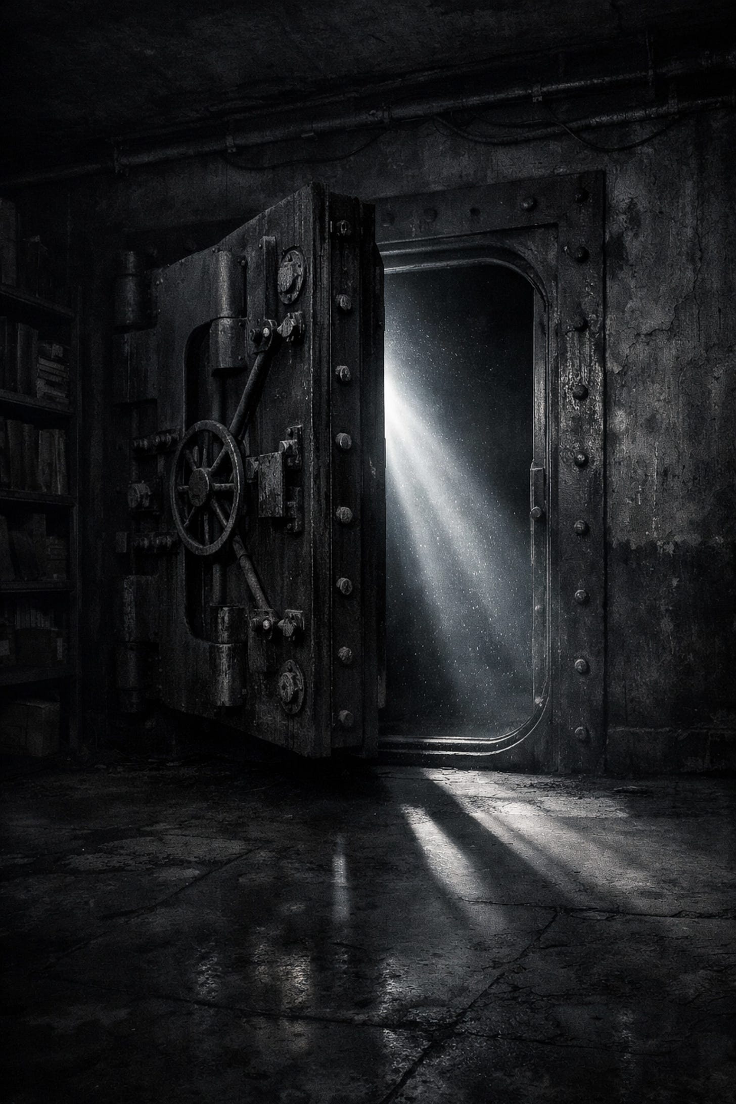 A rusted vault door in a dark government archive, representing the tug-of-war over UFO file disclosure.