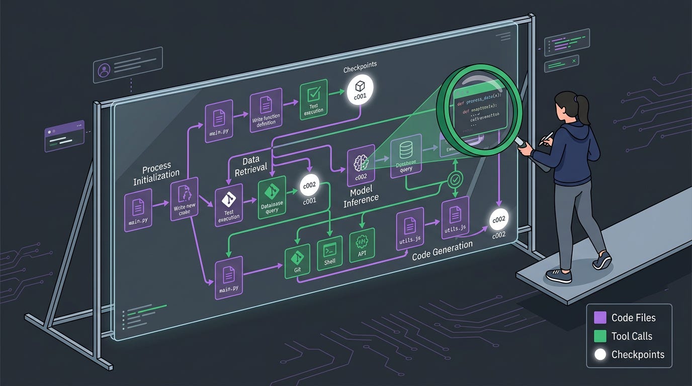 Flat isometric illustration of a giant transparent digital canvas showing a complex branching map of an AI coding agent's actions, code files, tool calls and checkpoints connected by glowing lines, a developer standing beside the canvas inspecting one highlighted step with a magnifying glass, dark charcoal background, clean vector art style, bold purple, green and white accents, modern software editorial aesthetic Flat isometric illustration of a giant transparent digital canvas showing a complex branching map of an AI coding agent's actions, code files, tool calls and checkpoints connected by glowing lines, a developer standing beside the canvas inspecting one highlighted step with a magnifying glass, dark charcoal background, clean vector art style, bold purple, green and white accents, modern software editorial aesthetic