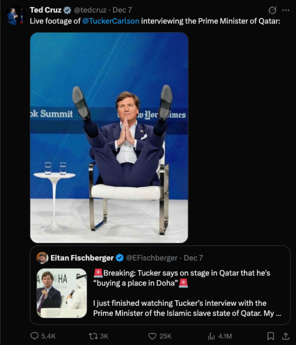 Ted Cruz’s AI mocking post of Tucker Carlson from an Israeli IDF reservist.