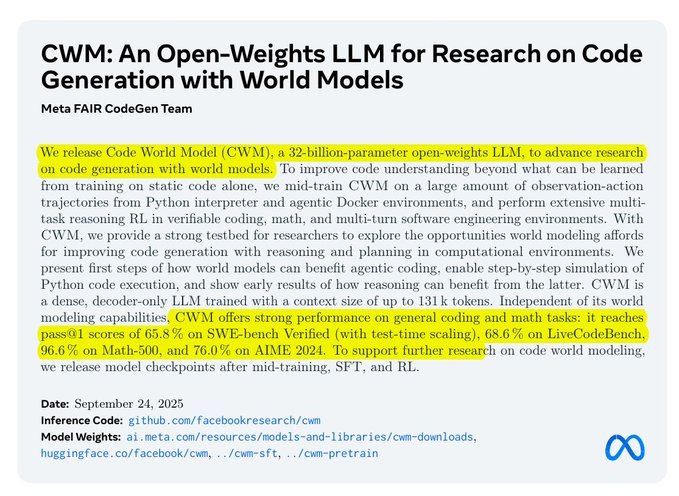 Text on a white background stating "CWM: An Open-Weights LLM for Research on Code Generation with World Models" and "Meta FAIR CodeGen Team" below it. Additional text includes "We release Code World Model (CWM), a 32-billion-parameter open-weights LLM" and mentions of performance metrics and research.