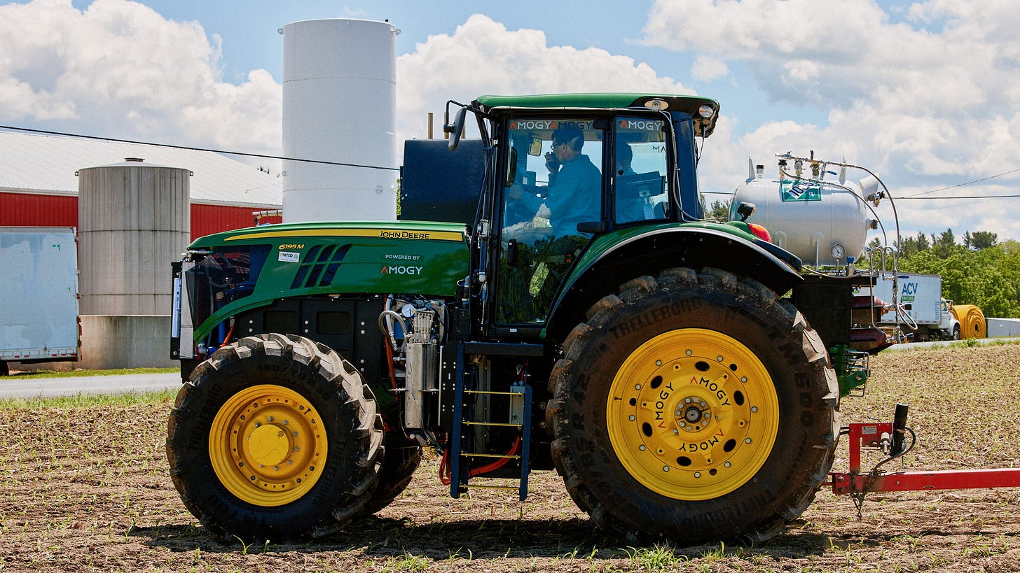 an Amogy ammonia-powered tractor at a farm