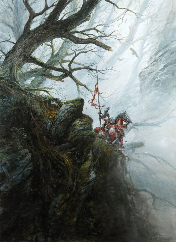 This may contain: a painting of a man holding a flag on top of a mountain next to a tree