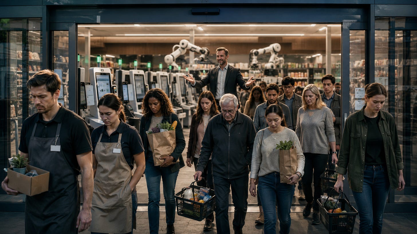 Supermarket employees and customers leave together as automated checkouts and robots replace human workers inside.