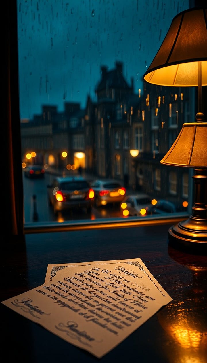 In the first picture a sunset landscape, th Edimburgh Castle siluetted in the background against the sky, red sunset light reflecting on its walls, in the foreground, in shadow, a busy street. A pedestrian crossing, cars and busses. In the second picture In the foreground, an ornate letter with elaborate calligraphy lies on a polished dark wood desk. Beyond the window, the amber lights of Edinburgh's Old Town blur through heavy rain.