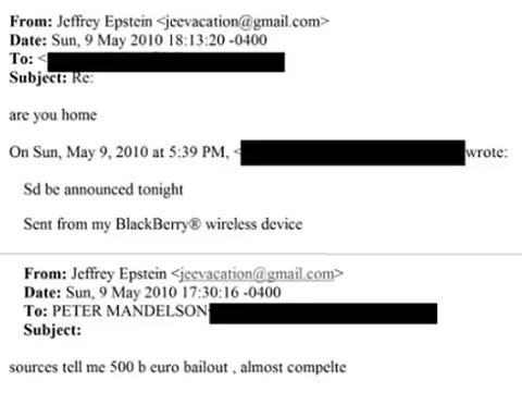 Departamento de Justicia de EE. UU. Captura de pantalla de un intercambio de correos electrónicos entre Lord Peter Mandelson y Jeffrey Epstein. Un correo electrónico de Epstein del 9 de mayo dice: «Según fuentes, un rescate de 500 mil millones de euros está casi completo». Una respuesta de Peter Mandelson más tarde ese mismo día dice: «Se anunciará esta noche».