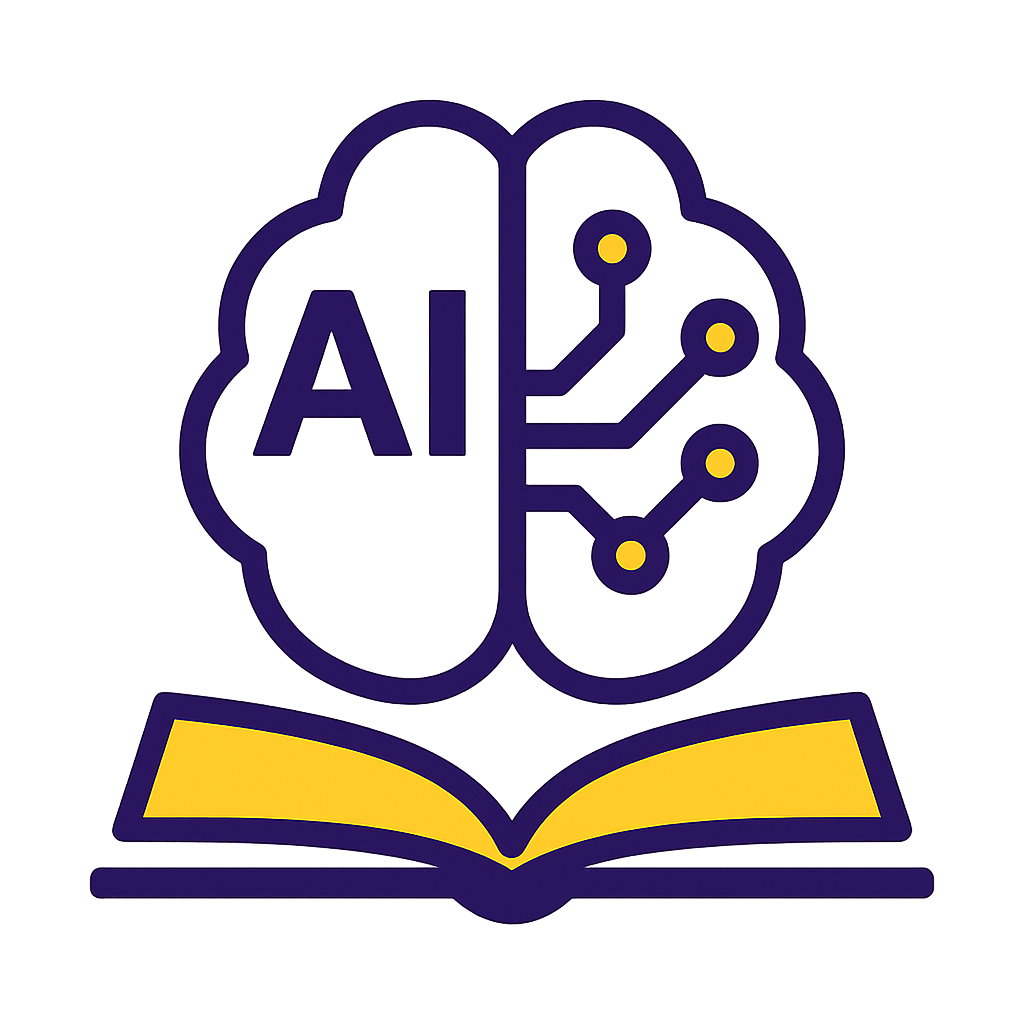 AI-Powered Classroom logo: stylized brain labeled AI with circuits and an open book underneath