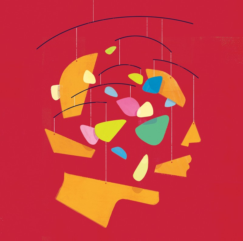 A human head is playfully decomposed, different pieces held by different strings. A human head is playfully decomposed, different pieces held by different strings.