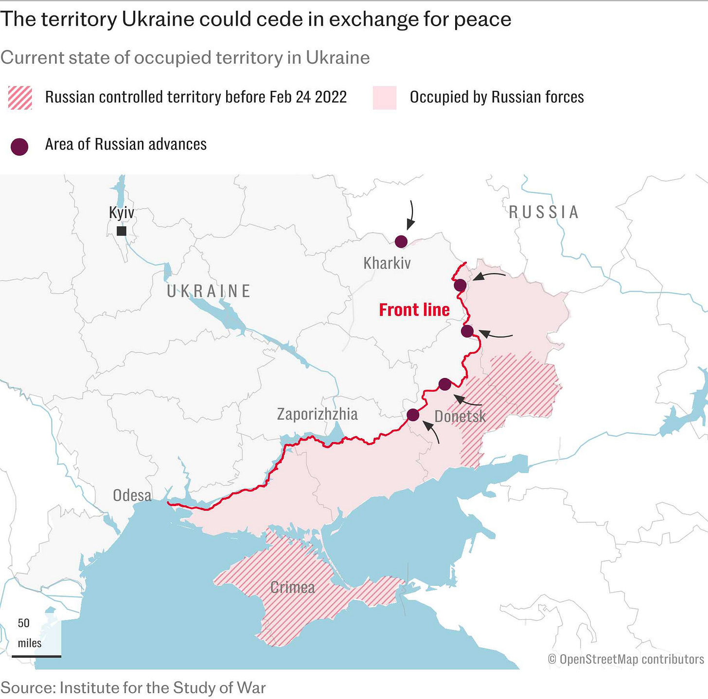 A map showing the territory Ukraine could cede in exchange for peace