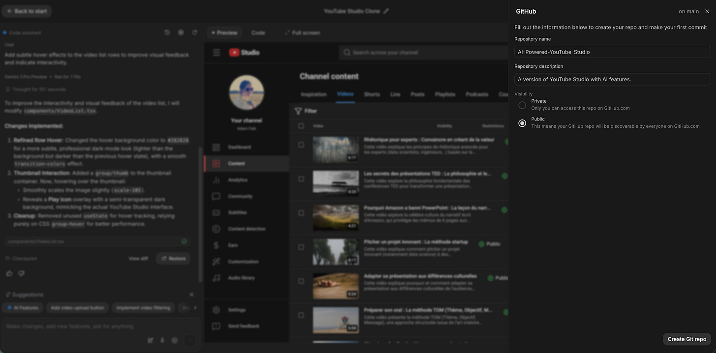A screenshot of the ‘GitHub’ modal window allowing the user to create a new repository name and select visibility (Public/Private) to push the code.