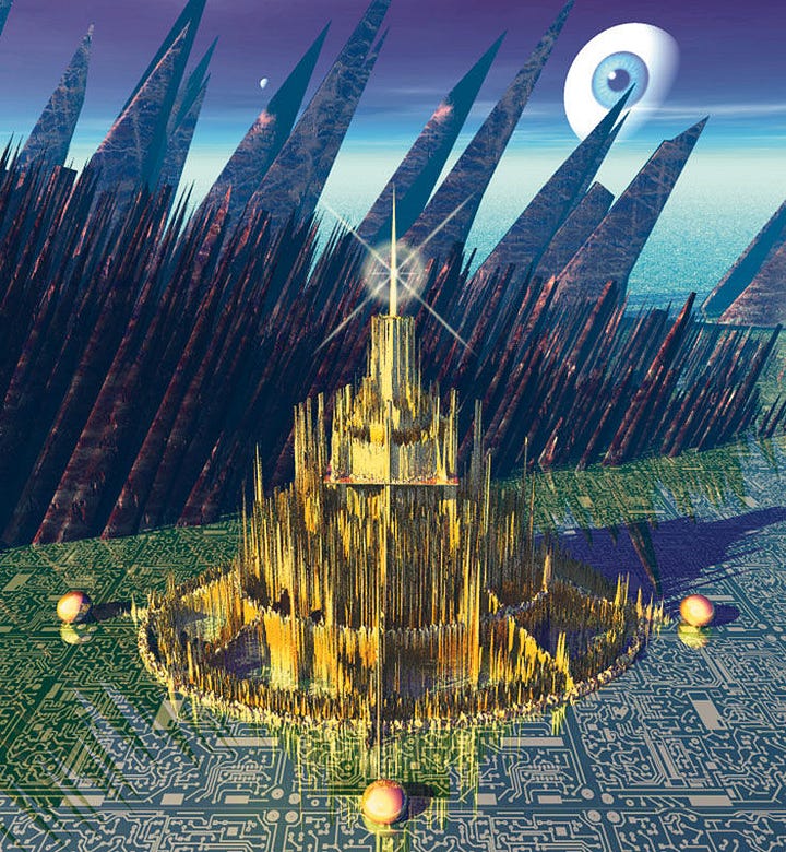 LEFT: An abstract digital concept for CITY OF GOLDEN SHADOWS. A city rendered like digital audio noise sits in a field of glossy integrated circuitry. Angled mountains point up to a sky where a human eye floats in the place of the moon. RIGHT: Ancient iconography in the shape of a human head but with a computer chip set for the eye and mouth in profile. The golden paths of circuits stand out from the ancient patina of stone.