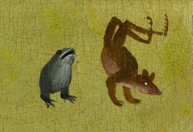 r/ArtefactPorn - An armless frog and a dancing rat, detail from the triptych oil painting "The Garden of Earthly Delights" by the early Netherlandish master Hieronymus Bosch. 1490-1510 CE, now housed at the Museo del Prado in Madrid [969x663]