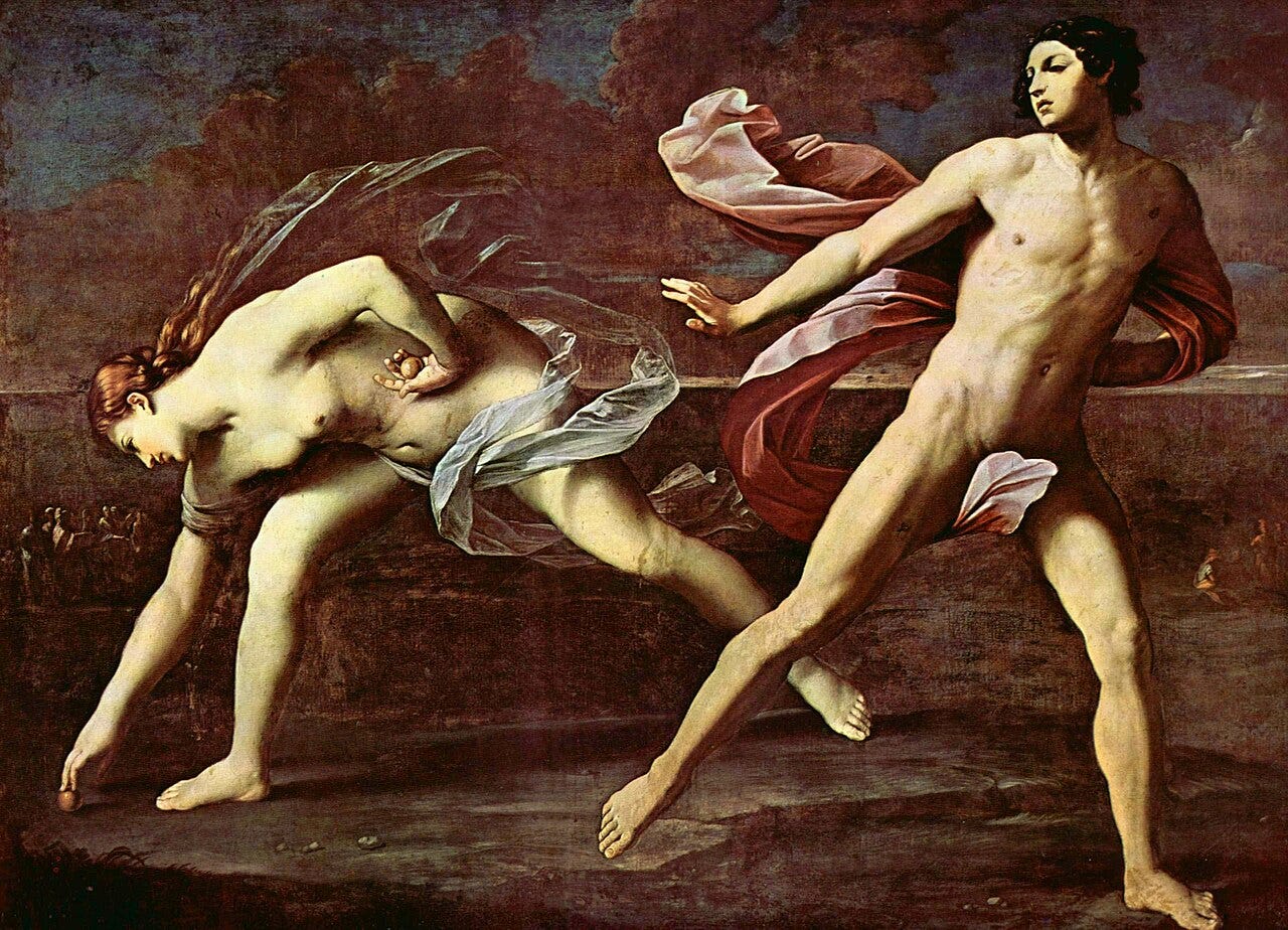 Two runners crossing, one stooping for a golden apple Two runners crossing, one stooping for a golden apple