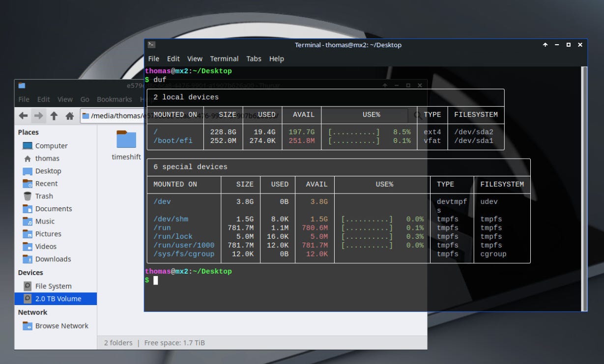 duf utility reports disk usage and free space