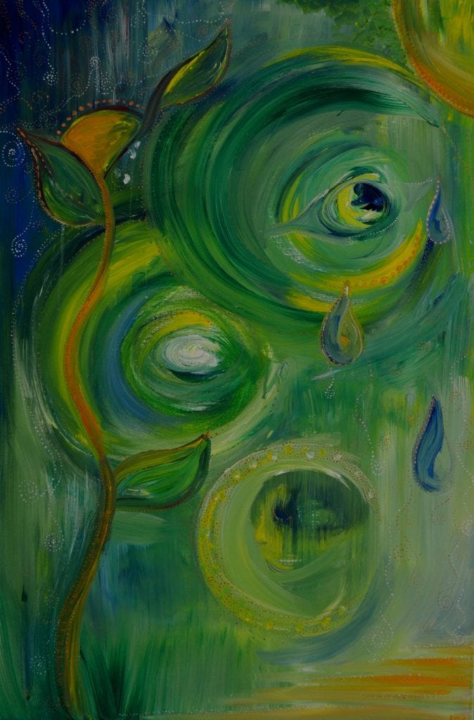 Green, Blue, and Yellow background with images in the circles of paint.  One circle contains an eye, another a face.  A yellow flower blooms on the left.