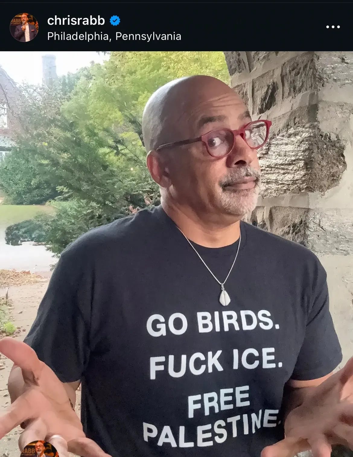 IG post of Chris Rabb in a shirt reading "Go Birds Fuck ICE Free Palestine"