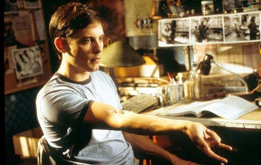 Tobey Maguire's organic webshooters in "Spider-Man" Tobey Maguire's organic webshooters in "Spider-Man"