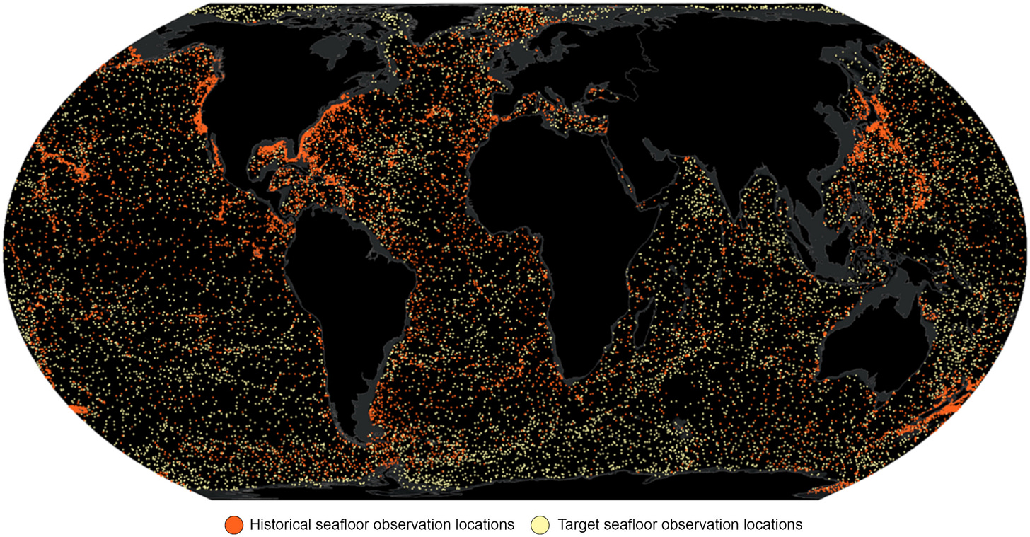 A map showing already-visited spots and 10,000 target locations in the deep ocean. Photo credit: science.org