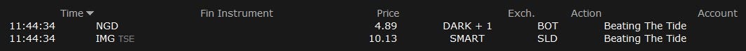 Screenshot of Beating The Tide portfolio trade activity showing sale of IAMGOLD (IMG.TO) at $10.13 and purchase of New Gold (NGD) at $4.89 — highlighting gold stock rotation strategy and IAG investing thesis. Screenshot of Beating The Tide portfolio trade activity showing sale of IAMGOLD (IMG.TO) at $10.13 and purchase of New Gold (NGD) at $4.89 — highlighting gold stock rotation strategy and IAG investing thesis.