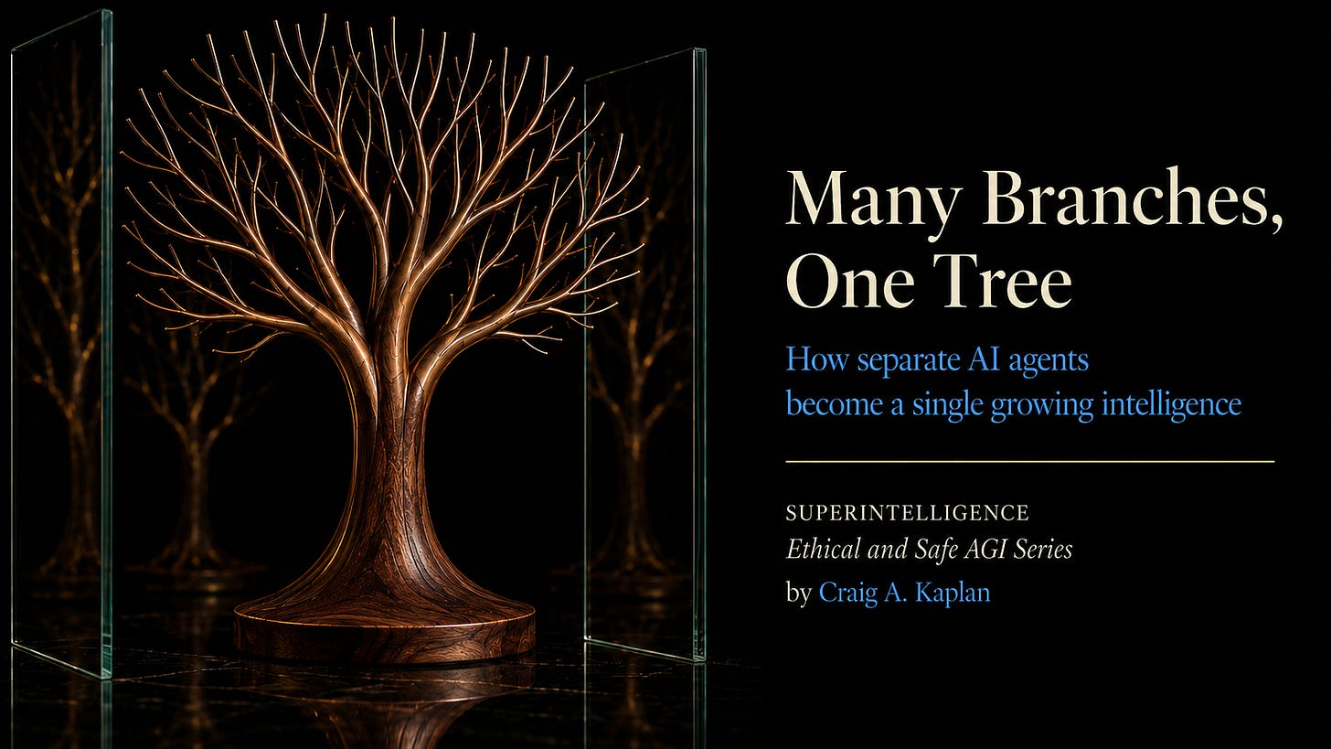 Cover image with a sculptural wooden and brass tree on the left, framed by glass panels and reflected on a dark surface. On the right, the title reads, “Many Branches, One Tree,” with the subtitle, “How separate AI agents become a single growing intelligence,” followed by “SUPERINTELLIGENCE,” “Ethical and Safe AGI Series,” and “by Craig A. Kaplan.” Cover image with a sculptural wooden and brass tree on the left, framed by glass panels and reflected on a dark surface. On the right, the title reads, “Many Branches, One Tree,” with the subtitle, “How separate AI agents become a single growing intelligence,” followed by “SUPERINTELLIGENCE,” “Ethical and Safe AGI Series,” and “by Craig A. Kaplan.”