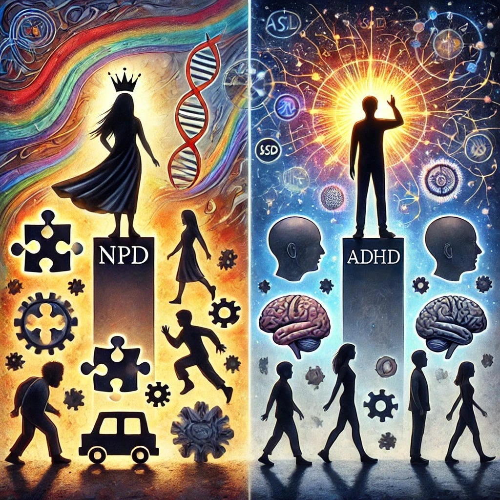 An insightful and balanced illustration showing the contrast between Narcissistic Personality Disorder (NPD) and ADHD. On one side, a silhouette of a figure with a crown symbolizing NPD, standing on a pedestal in a posture of self-importance. On the other side, silhouettes representing ADHD, surrounded by puzzle pieces, neural pathways, and symbols of sensory input like light and sound. The background gradually blends from confusion and fragmentation to clarity and understanding, symbolizing the journey from misinterpretation to empathy. The overall tone emphasizes inclusivity and education.