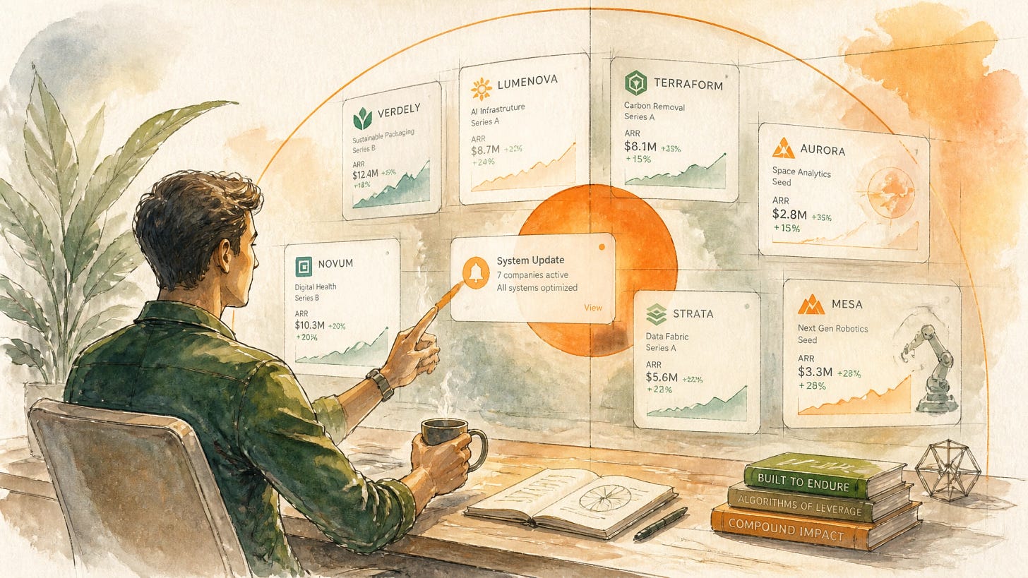 Founder calmly reviewing a holographic dashboard showing seven company cards in various states of motion — representing the multi-company bandwidth problem Hermes and Paperclip are designed to solve