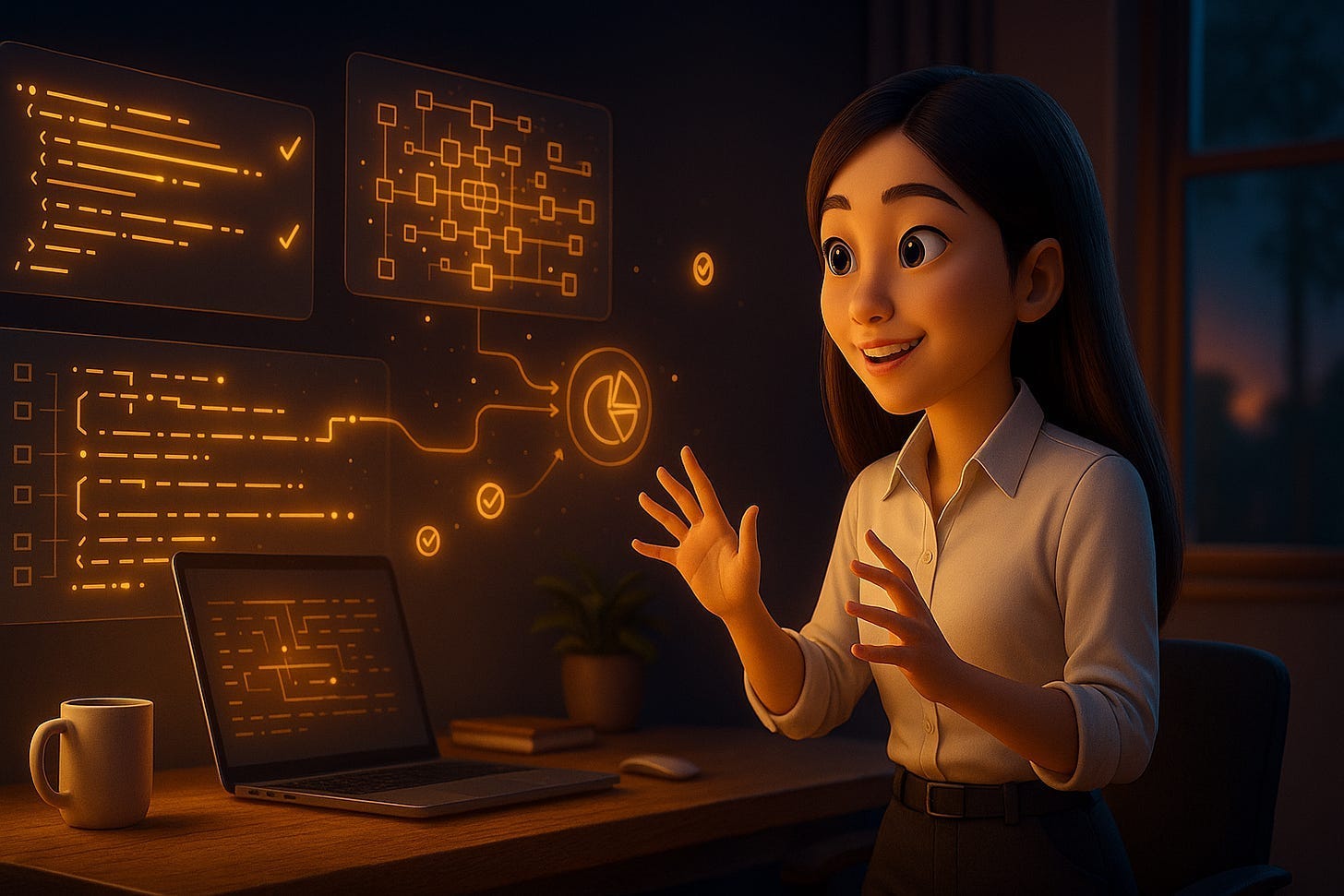 Pixar-style 3D illustration of Jenny Ouyang from Build to Launch orchestrating multiple autonomous AI workflows in her home office workspace, representing transformation from invisible engineer to strategic innovator