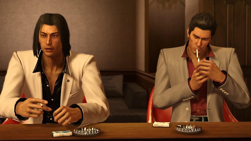 A screenshot of Nishiki and Kiryu at the bar Serena A screenshot of Nishiki and Kiryu at the bar Serena