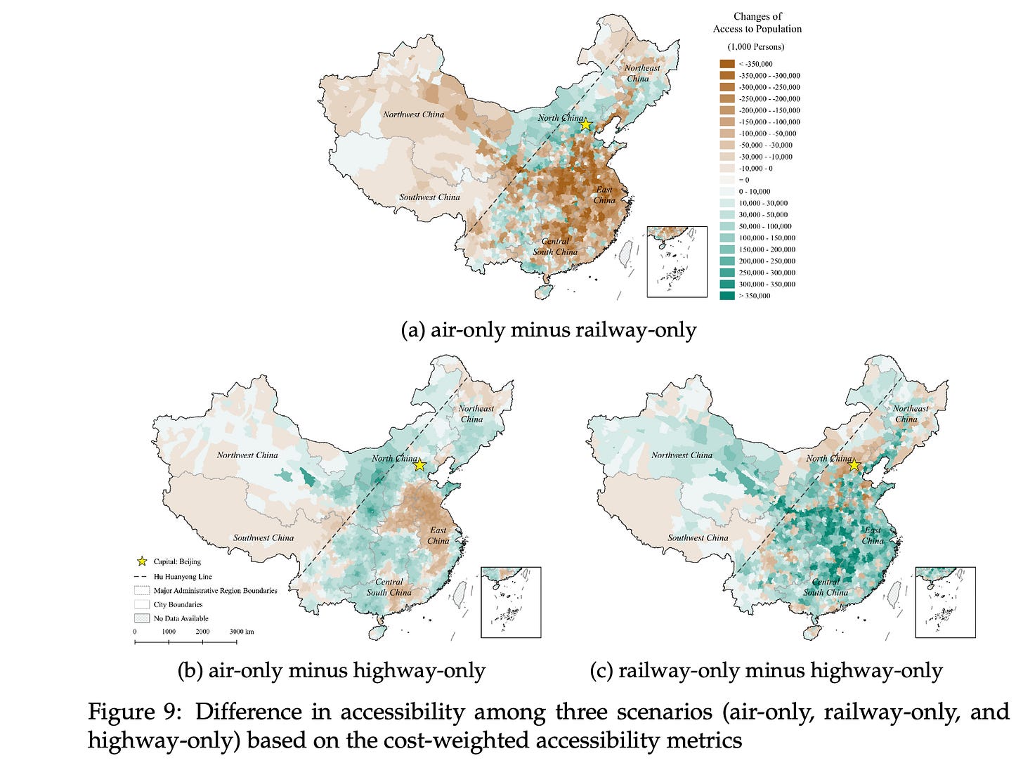 Figure 9: Difference in accessibility among three scenarios (air-only, railway-only, and highway-only) based on the cost-weighted accessibility metrics.