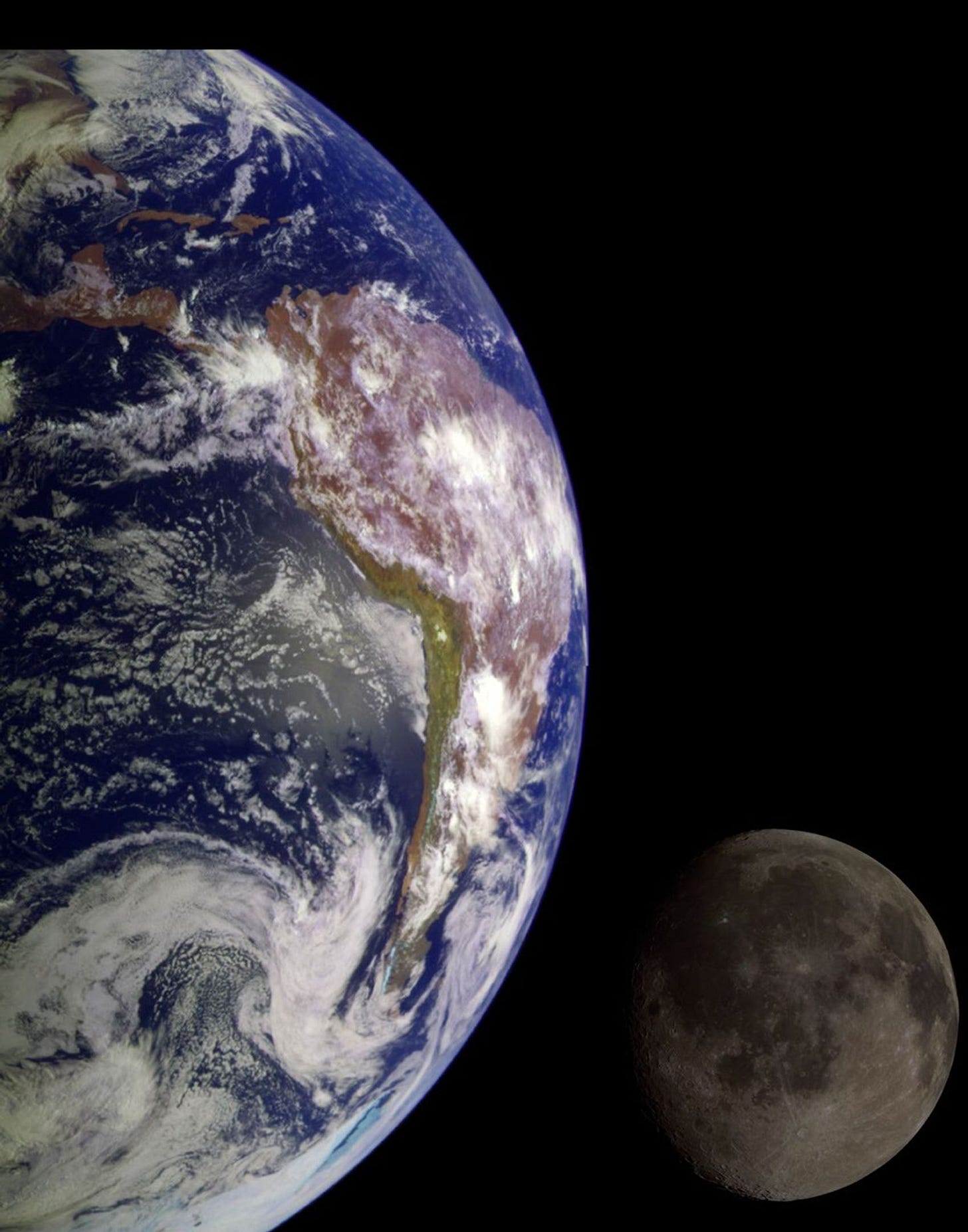Composite image of Earth and the Moon photographed by the Galileo spacecraft.