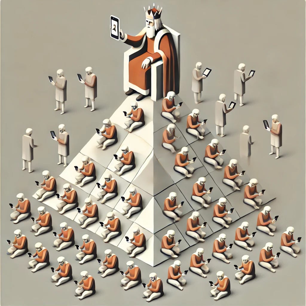 An isometric, minimalist illustration of a king sitting at the top of a giant triangle, symbolizing hierarchy and control. Below the triangle, a group of serfs or peons are depicted on their hands and knees, each engrossed in their iPhones or similar devices. The design uses clean lines, muted tones, and geometric shapes to emphasize the minimalist aesthetic. The triangle is prominently featured, with the king wearing a simple crown and holding a scepter. The overall scene highlights themes of power, control, and technological dependency in a visually striking, abstract style.