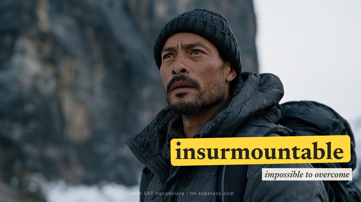 A lone hiker stands at the base of a sheer, impossibly tall cliff, unable to find any path upward — “insurmountable” means impossible to overcome. A lone hiker stands at the base of a sheer, impossibly tall cliff, unable to find any path upward — “insurmountable” means impossible to overcome.