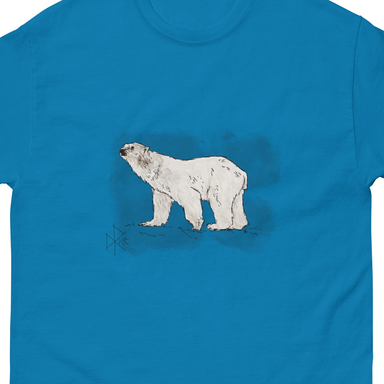 A polar bear sniffs at the wind while walking over the snowy terrain. Sketch art by Don Rice.