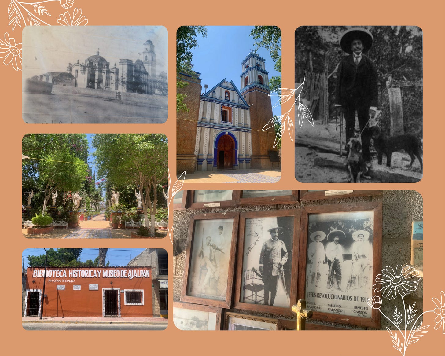 Collage en el que se muestra la iglesia de Coculco junto al cementerio y su atrio antes y ahora; la fachada de la Biblioteca histórica y museo de Ajalpan y diversas fotografías en las que aparecen El Gral. Calixto Barbosa junto a sus perros, y su hermano el Gral. Francisco Barbosa junto a sus colegas revolucionarios.