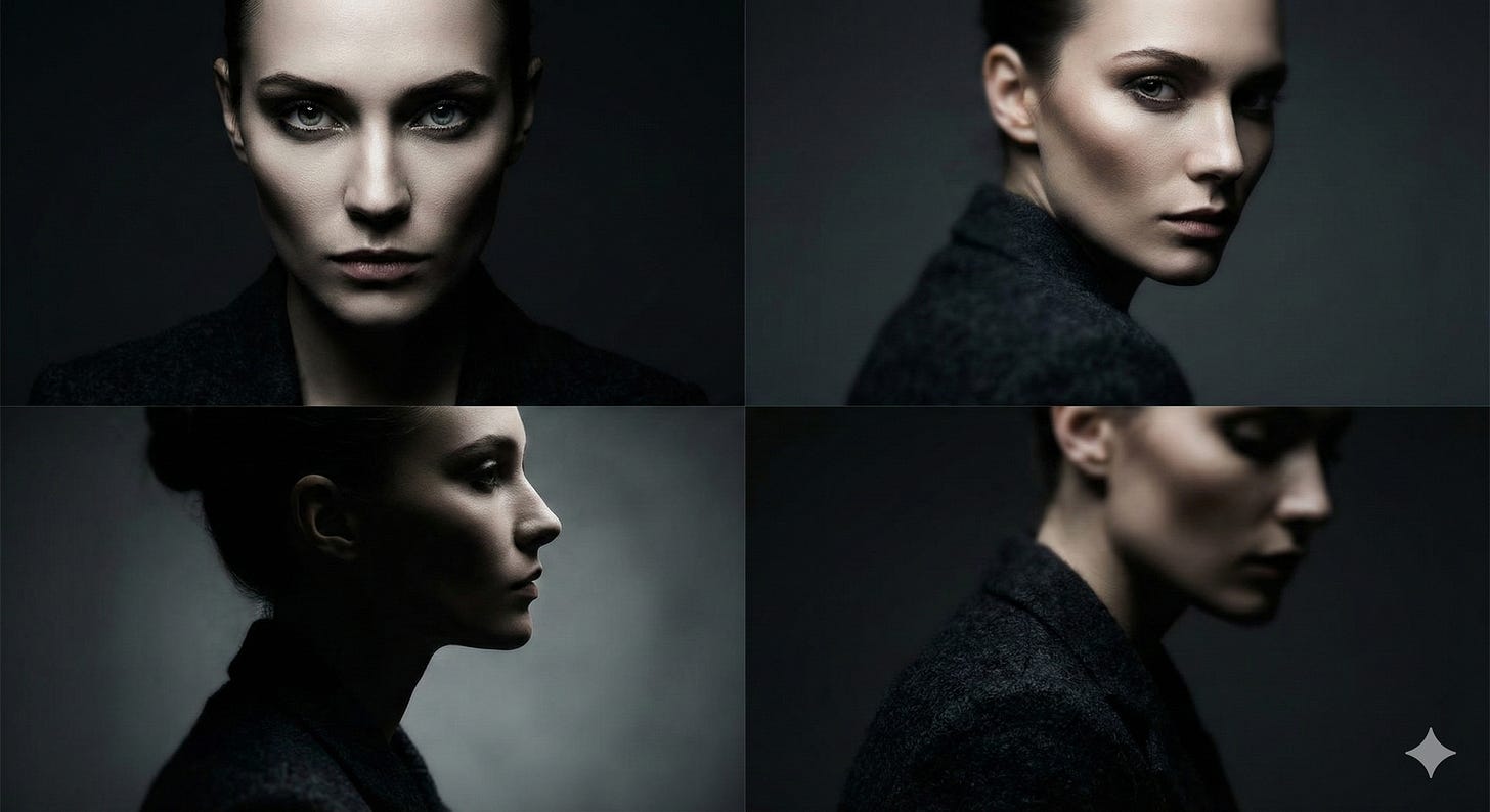 Four portrait images of the same woman under controlled studio lighting, showing variations in angle, focus, and intensity. Top left: frontal close-up with sharp detail. Top right: three-quarter view with defined highlights. Bottom left: profile silhouette with soft light. Bottom right: blurred foreground profile. Demonstrates directional lighting and camera angle control.