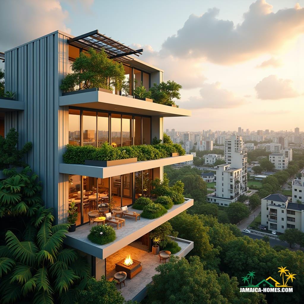 In the heart of New Kingston, Jamaica, a futuristic co-living space rises, catering to young professionals with a passion for innovation and community. The building's sleek, modern façade is crafted from sustainable materials, with solar panels seamlessly integrated into its design, reflecting the warm Caribbean light. A rooftop oasis beckons, where lush greenery thrives, providing a serene escape from the bustling city below. Inside, the minimalist aesthetic prevails, with clean lines, ample natural light, and an emphasis on shared workspaces that foster collaboration and creativity. Smart home features are subtly woven throughout, ensuring a seamless and efficient living experience. Flexible living spaces adapt to the diverse needs of its inhabitants, promoting a sense of community and connection. 