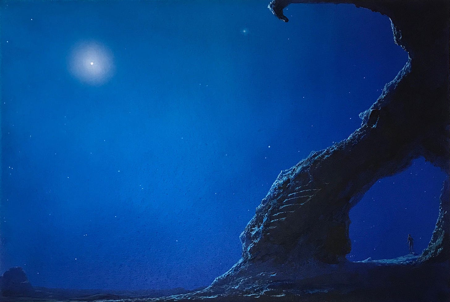 View of space from the barren surface of a planet or moon. A person stands under and arch of stone staring out in awe at the dotted field of deep blue. In the upper left, one star glows so bright a hazy aura forms around it. View of space from the barren surface of a planet or moon. A person stands under and arch of stone staring out in awe at the dotted field of deep blue. In the upper left, one star glows so bright a hazy aura forms around it.