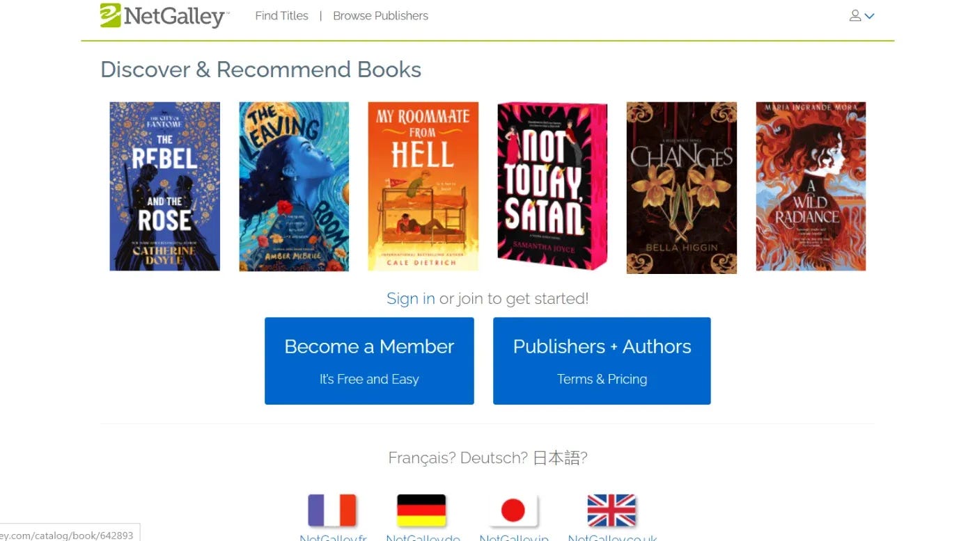 Página principald de NetGalley. Captura de pantalla.